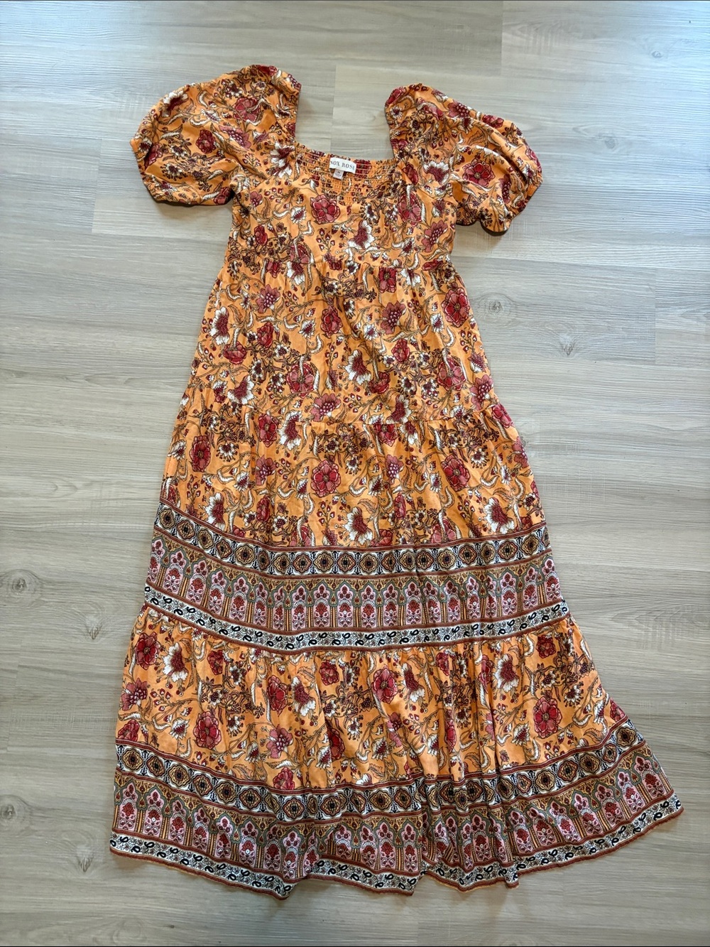 Knox Rose Golden Floral Maxi Dress with Puff Sleeves